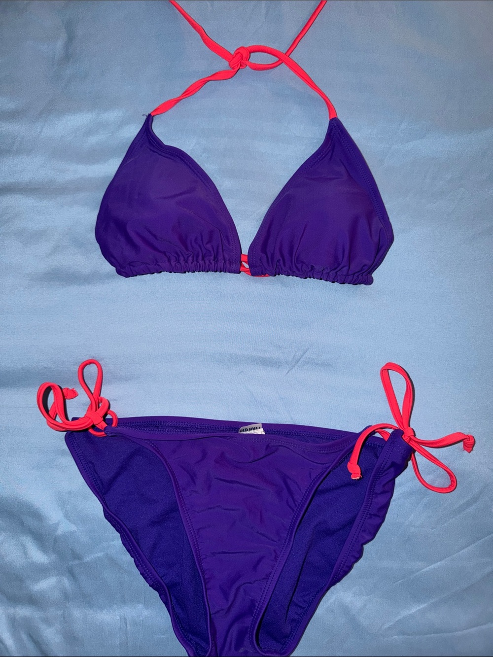 Old Navy Purple Triangle Bikini with Neon Pink Ties